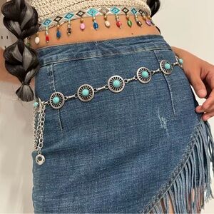 Silver Turquoise Western Boho Chain Belt 46”